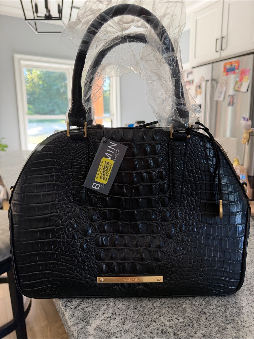 Brahmin Black Croc-Embossed Satchel with Gold Hardware - NWT